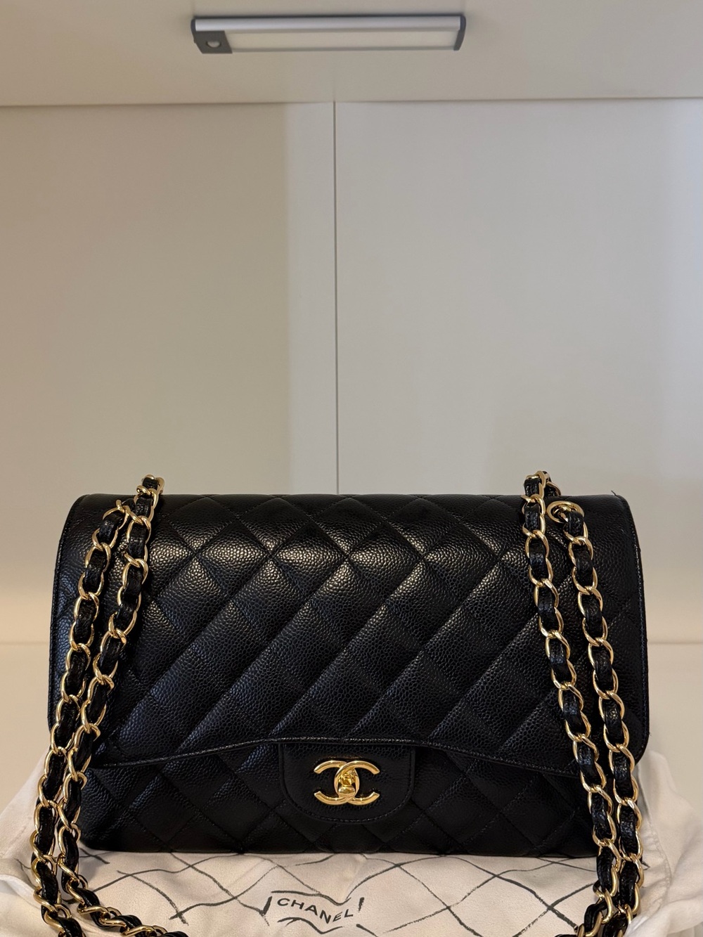 Chanel Jumbo Double Flap. Black Grained Calfskin With Gold Hardware